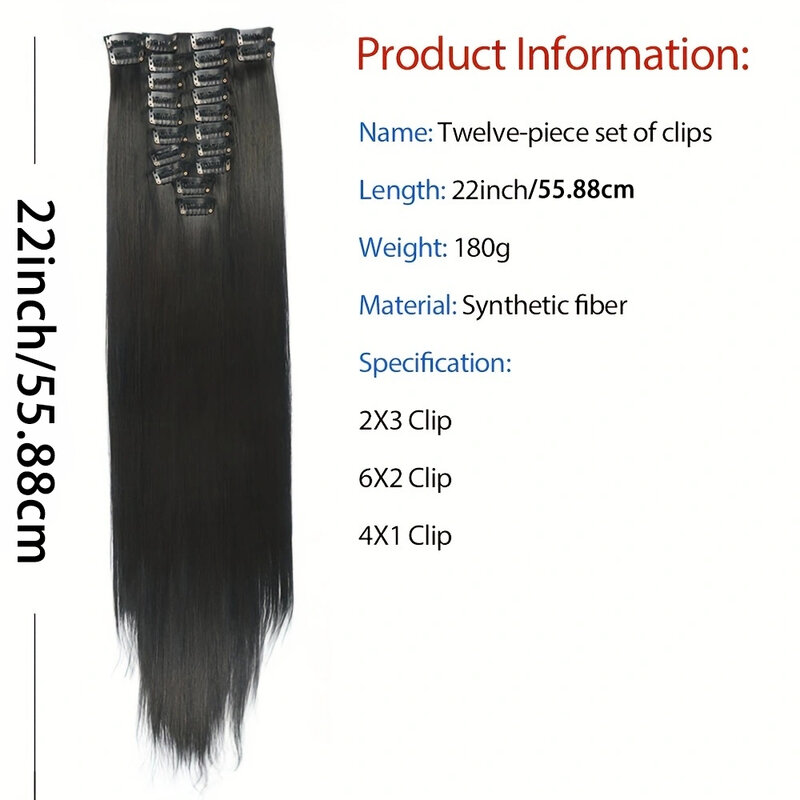 22-Clips on 12pcs/Set Synthetic hair extension Long bone Straight Fake Hair Pieces invisible wig for women Hair Accessory 22inch