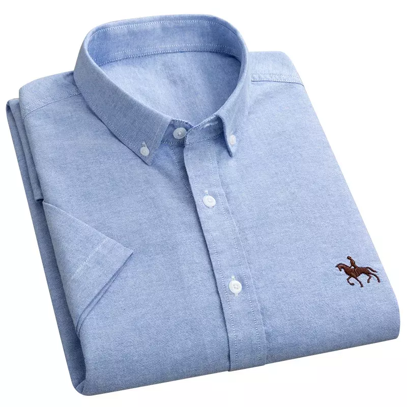 Camisa Oxford de manga curta masculina, 100% algodão, macio e confortável, ajuste regular, tamanho positivo, qualidade, casual, verão, nova