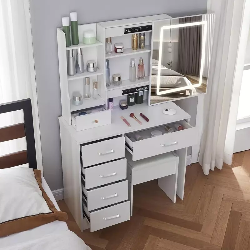 Make-up dresser with mirror and light - brightness adjustable, with chair and storage drawer, white make-up dresser