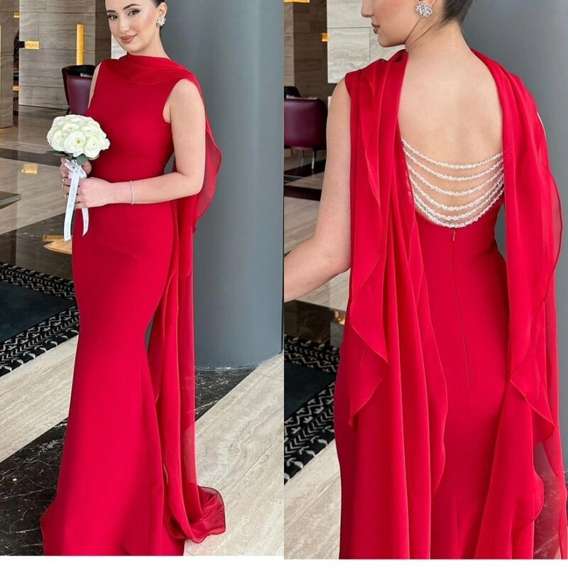 Prom Dress Avond Jersey Met Kralen Gerimpelde Celebrity A-Line Hoge Kraag Op Maat Gemaakte Gelegenheidsjurk Lange Jurken Saudi-Arabië