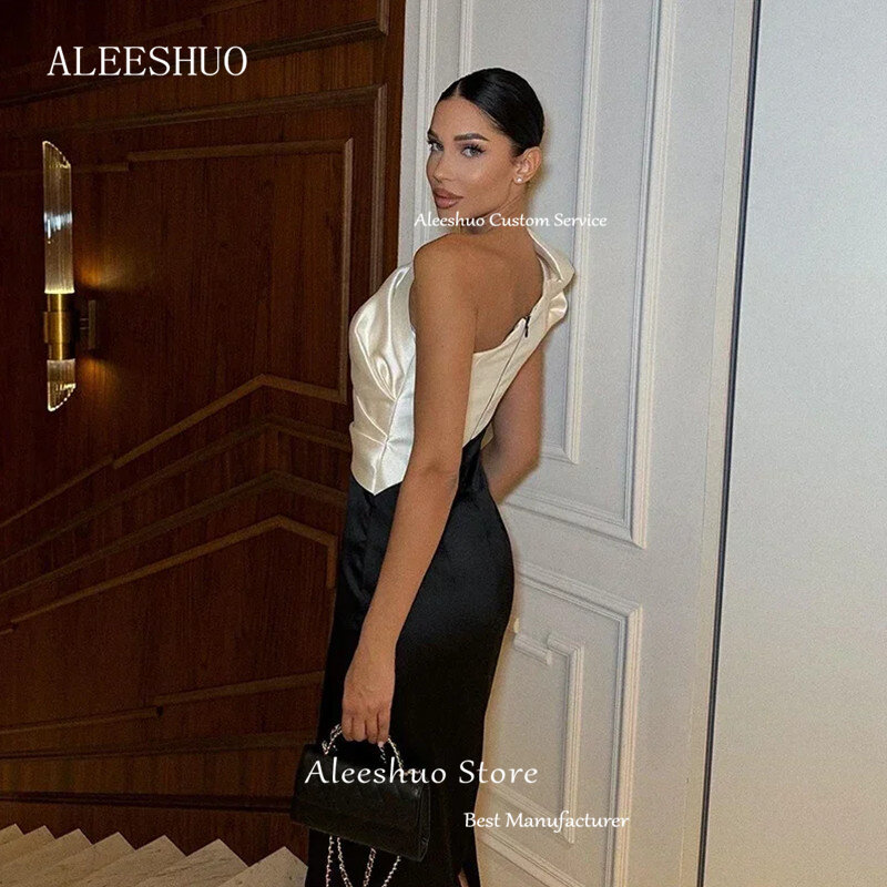 Aleeshuo-プリーツサテンの人魚のスタイルのドレス,ノースリーブ,黒と白,非対称の裸の肩,セクシー,お茶の長さ,2024