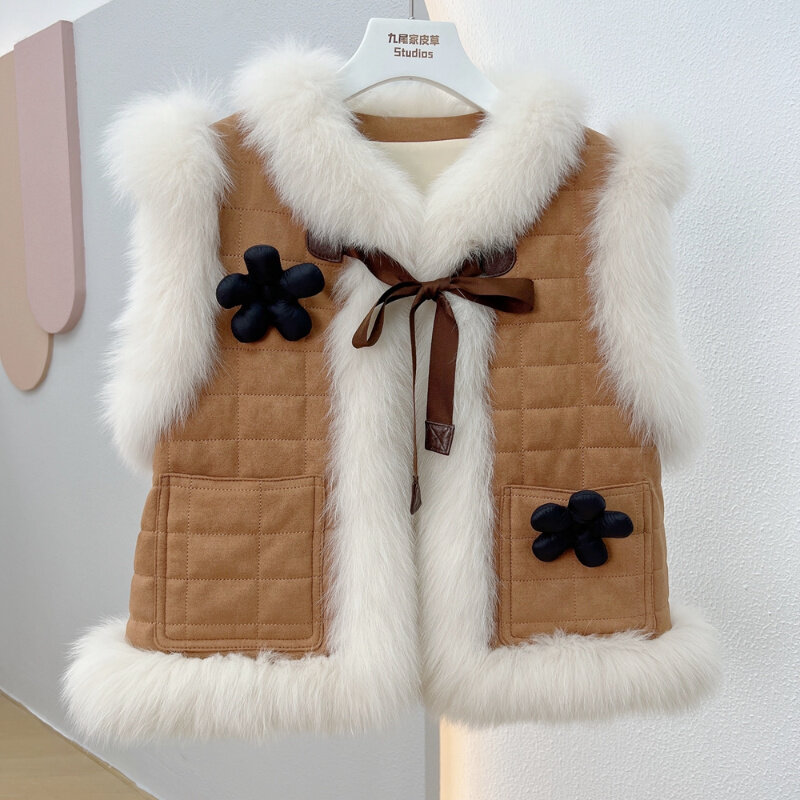 2023 Autumn Winter New Real Fox Jacket Women Fashion Sweet Pluffy Genuine Fur Vests Warm Sleeveless Cotton Coat
