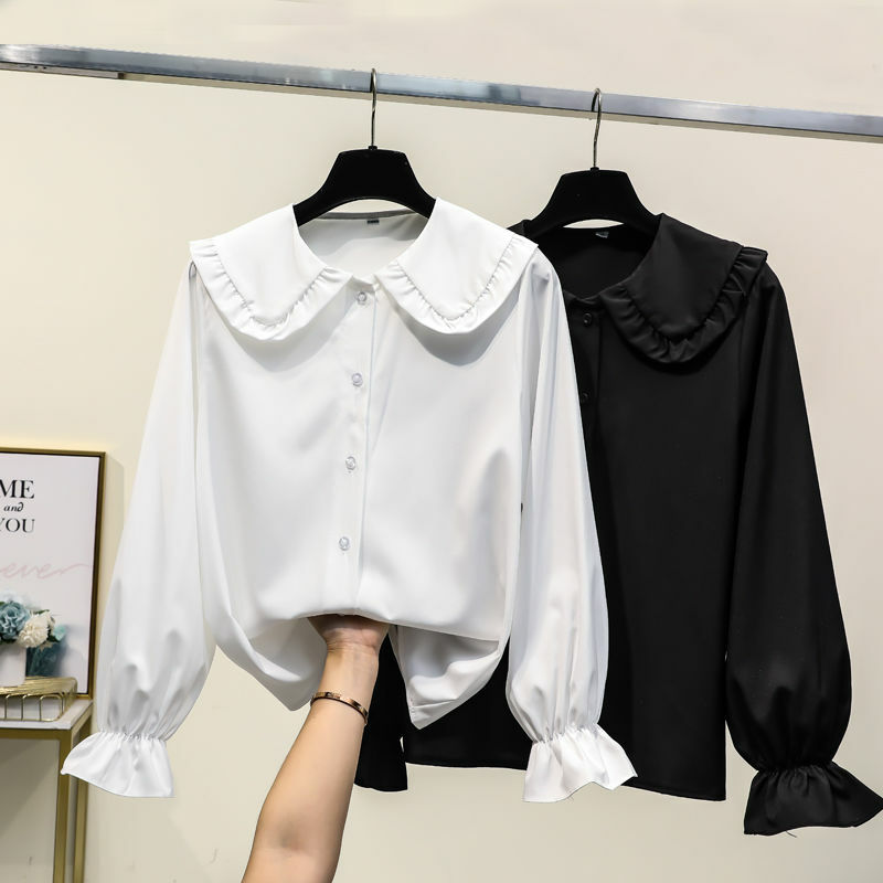 Camisa de manga larga con cuello Peter Pan para mujer, camisa blanca holgada de fondo, Top fresco de estilo Preppy, novedad de primavera 2023