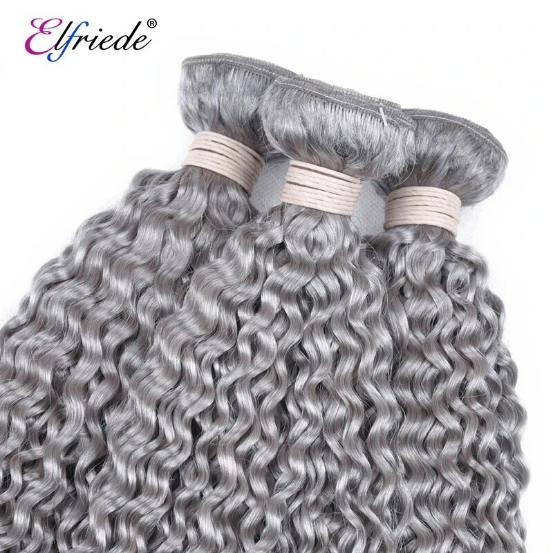 Elfriede-Mèches brésiliennes naturelles Remy avec closure, cheveux crépus bouclés, gris, 4x4, 3 lots