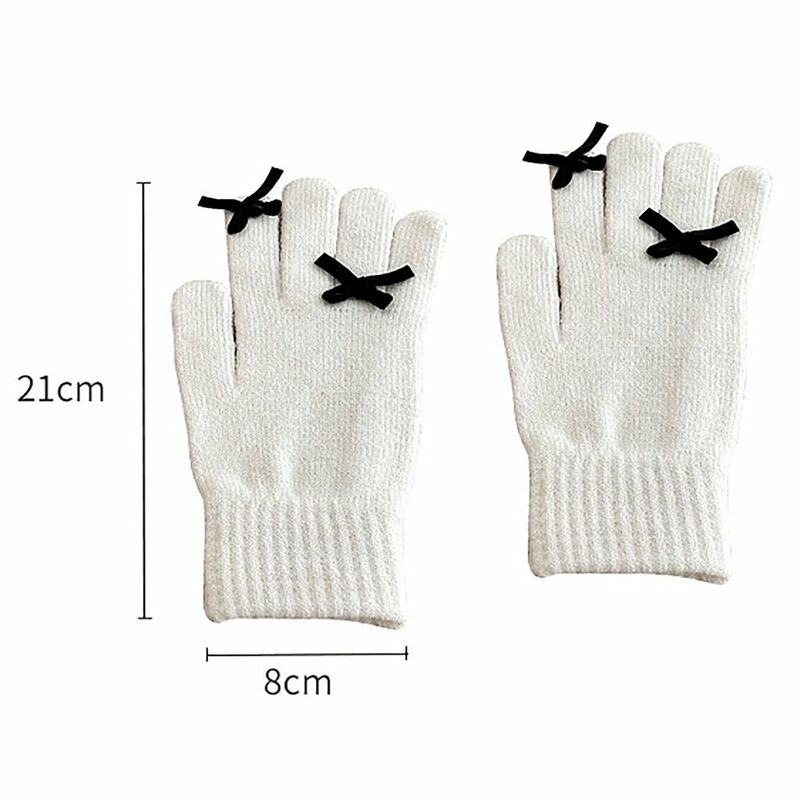 1Pair Winter Warm Bow Finger Gloves New Touch Screen Polyester Wool Knitted Gloves Solid Color Full Finger Mittens Women Girls