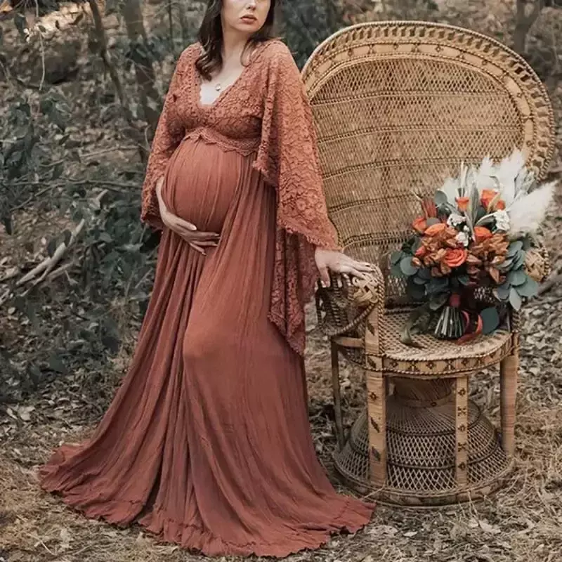 Boho koronkowe rekwizyty do fotografii ciążowej sukienki sesja zdjęciowa ciążowa suknia Maxi V Neck Vintage sukienki ciążowe na Baby Shower