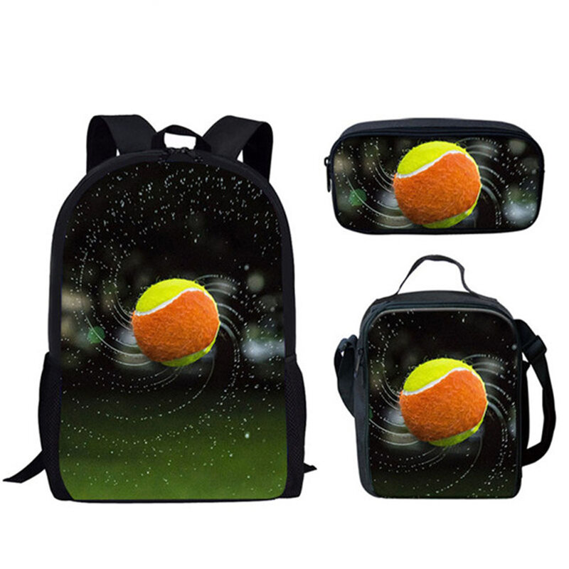 3D Tennis Ball Impresso Mochilas Escolares, Mochila Pupilo, Lunch Bag, Estojo para Lápis, Laptop Bag, Mochila, Clássico e Criativo, Novidade, 3PCs por Conjunto