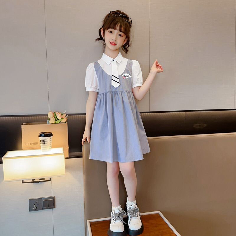 Anime Sanrio Cinnamoroll Kuromi Girls Dresses Summer New Cartoon Short-Sleeved Princess Dress Big Kid Fake Two Pieces Back Dress