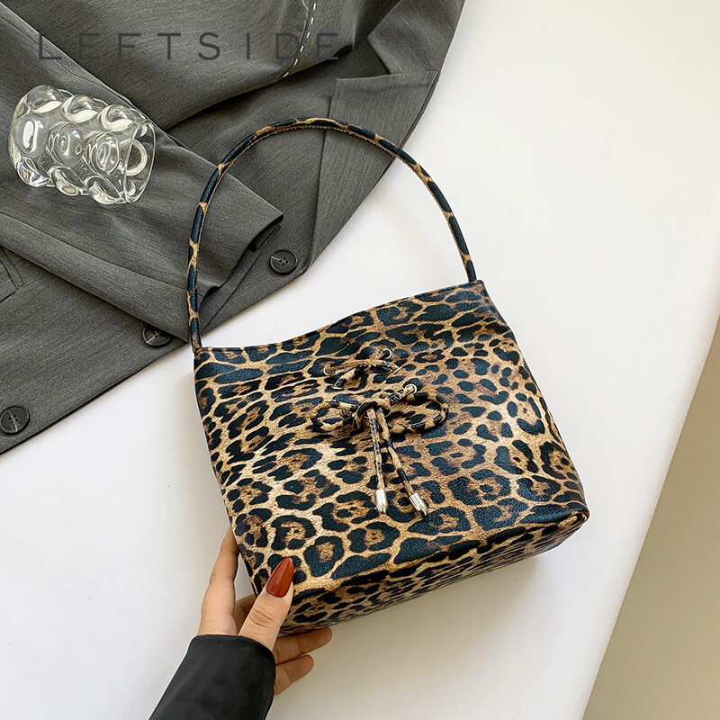 Small Pu Leather Bucket Bag for Women 2024 Y2K Lady Korean Fashion Handbags and Puress Female Leopard Shoulder Bag