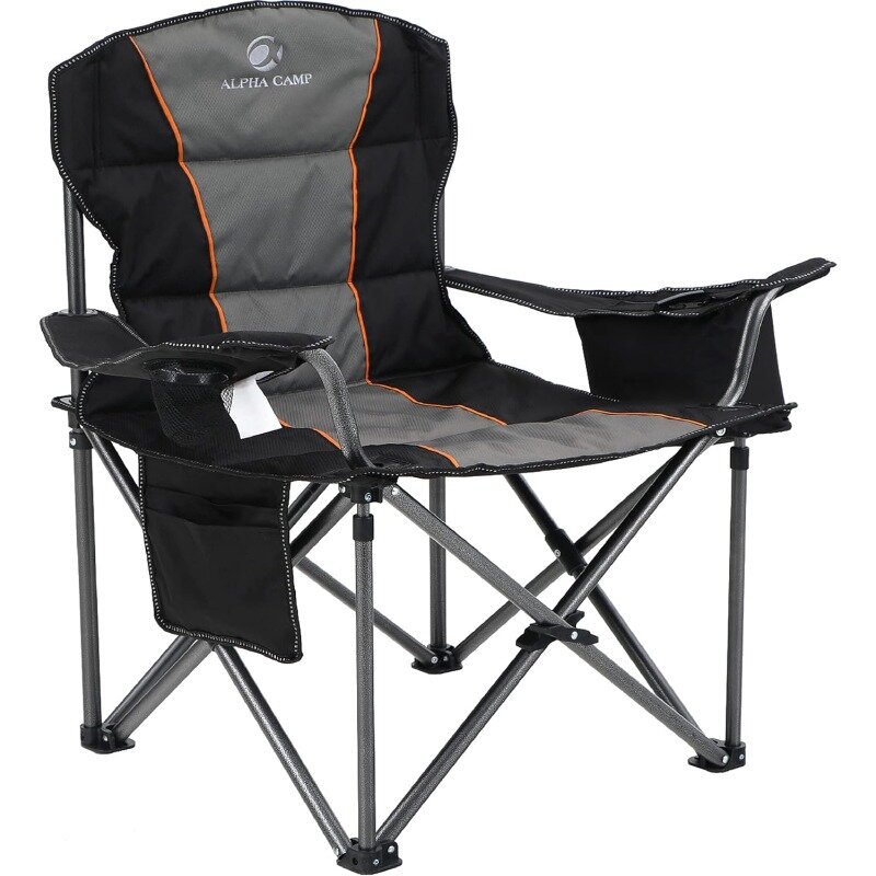 ALPHA CAMP 대형 캠핑 접이식 의자, 헤비 듀티 지지대 450 LBS 스틸 프레임 접이식 패딩 암 의자, 컵 포함