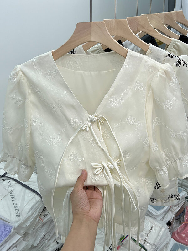 Women Shirt And Blouses Korean Style Harajuku Fashion Apricot Floral Print Kawaii V-Neck Lace Up Shirt Top Clothes Summer 2023