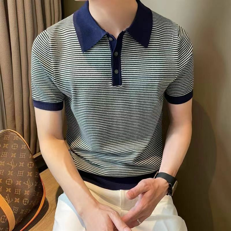 Summer Fashion Smart Casual Trendy New Ice Silk Knit Polo Shirt Men's Panelled Stripe Lapel Button Versatile Short Sleeved Top
