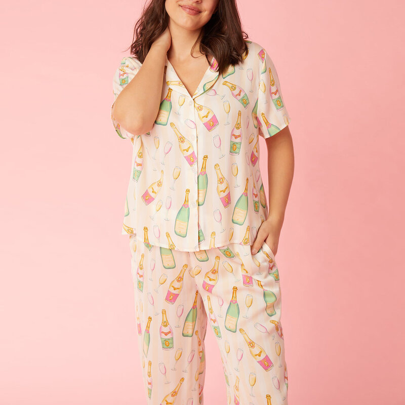 Conjunto de pijama de 2 piezas para mujer, top de manga corta con botones y cuello de solapa, pantalones de cintura elástica, ropa de dormir para verano
