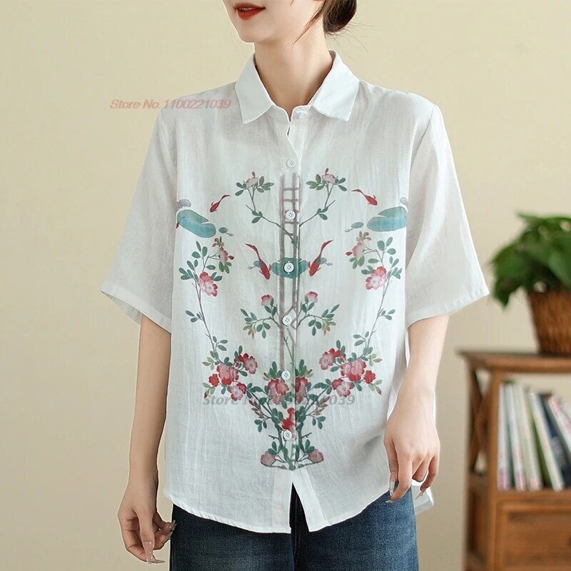 Blusa China vintage para mujer, blusa folclórica con estampado nacional de flores, ropa de calle tradicional china, tops hanfu, blusa étnica 2024
