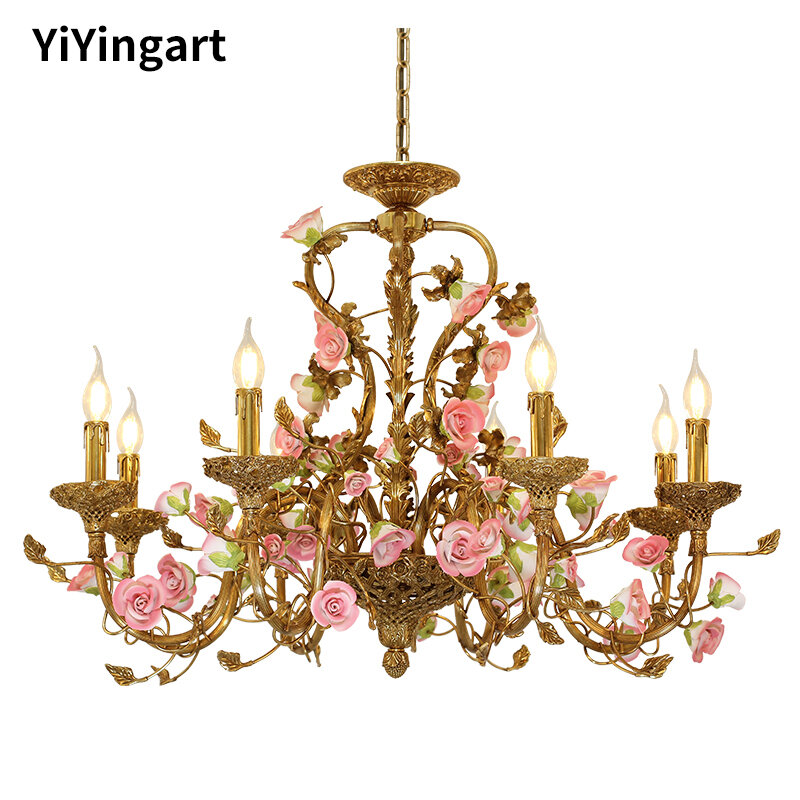 Французская Керамическая люстра с цветами, креативная романтическая вилла в европейском стиле для спальни, гостиной, столовой, медного и розового цвета