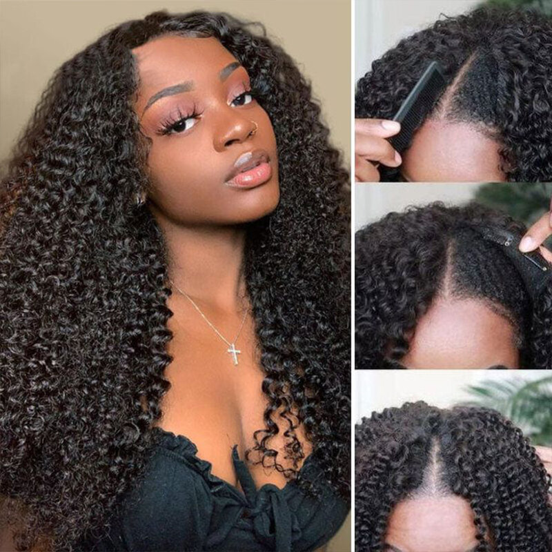 Deep Curly V Part Wig Human Hair Cheap Water Wave U Part Wig Human Hair 180% Density Cheap Full Machine Made Wigs For Women