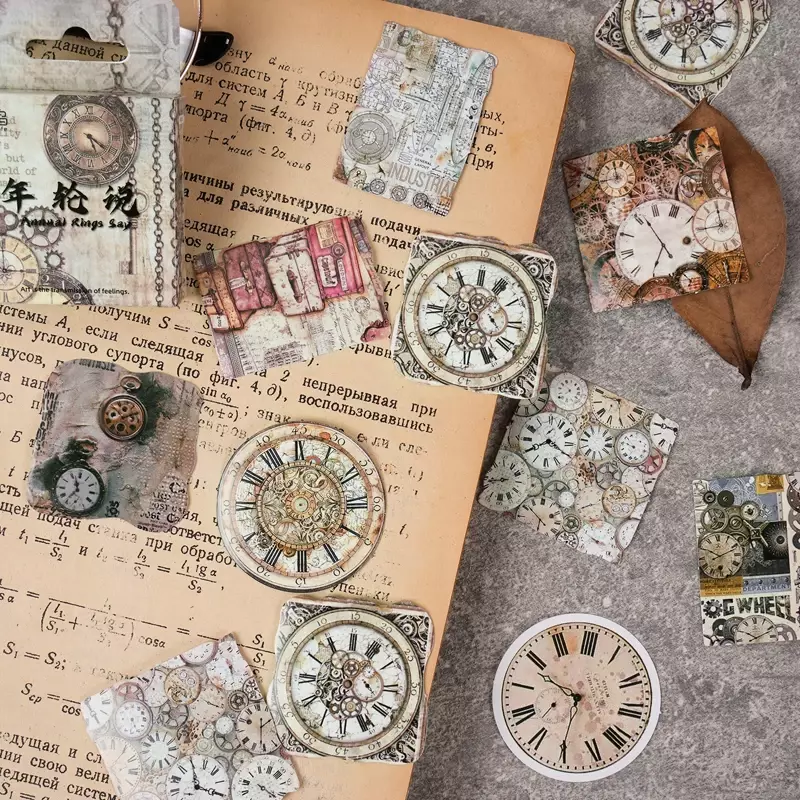 46Pieces Vintage Mini Box stickers Year Rings Say clock handbook Decorative Material School Supplies Scrapbook Cut Sticker 4CM
