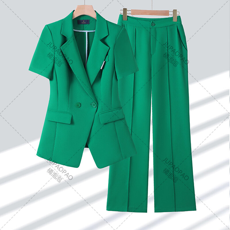 JU PAO-Conjunto de oficina para mujer, Blazer de manga corta con cuello vuelto, pantalones sólidos elegantes, 2 piezas, 2024
