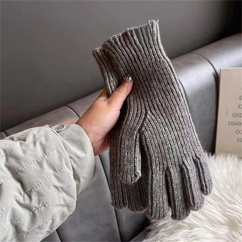 1Pair Pure Color Knitted Woolen Gloves Women Winter Screen Student Riding Split Finger Thick Warm Gloves Couple Gift