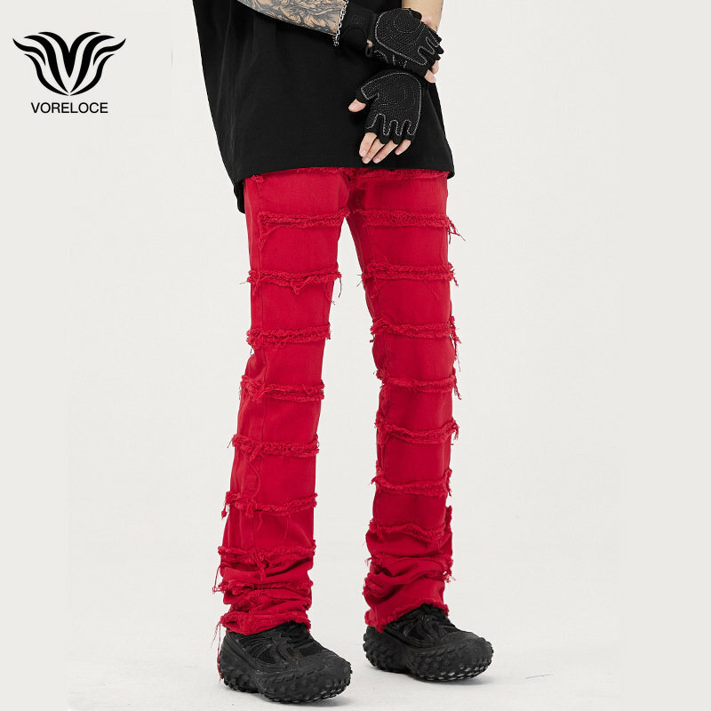 Harajuku hip hop streetwear listrado borla desgastado reta baggy jeans 2023 masculino e feminino sólido colorcasual denim calças vermelhas