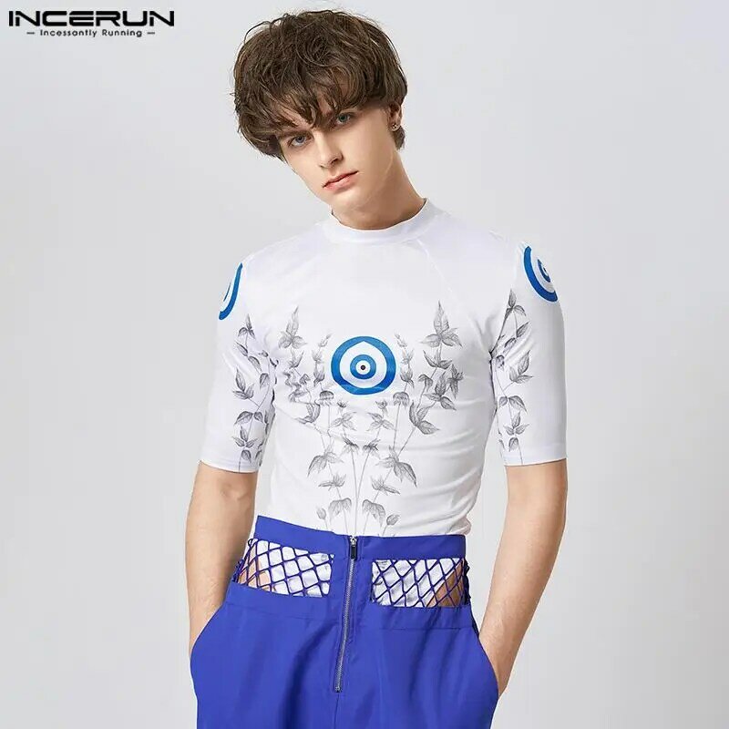 2023 Men Printing Bodysuits O-neck Short Sleeve Summer Fitness Casual Mens Rompers Streetwear Leisure Bodysuits S-5XL INCERUN