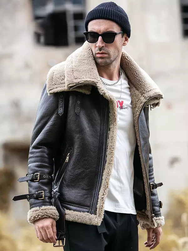 Winter Jackets Men Natural Fur Real Sheep Fur Coat Man Genuine Leather Motocycle Jacket Double Collar Flight Suit 5XL Chaqueta F