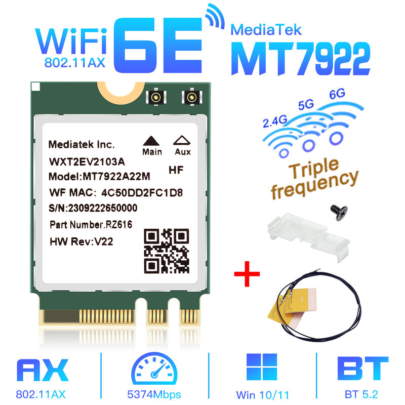 محول شبكة لاسلكية ، واي فاي 6E ، MT7922 ، M.2 ، بطاقة 5374Mbps ، بلوتوث 5.2 ، 802.11ax ، 2.4G ، 5G ، 6GHz ، MediaTek MT7922 ، MU-Mimo ، Win 10 ، 11