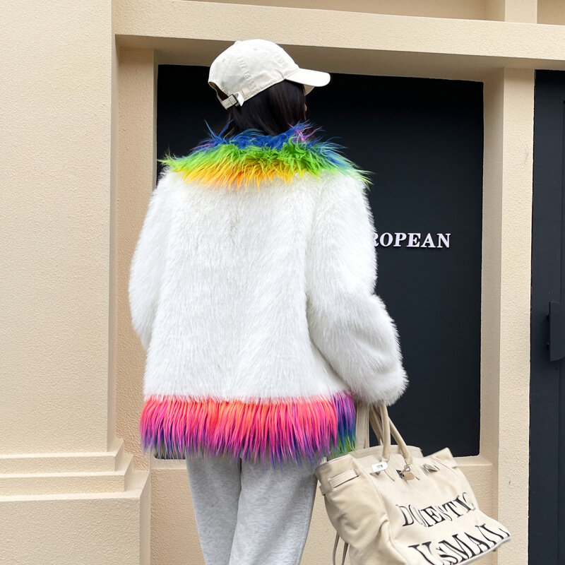 Tęczowy futrzana kurtka damski jesienno-zimowy gruby ciepły płaszcz ze sztucznego futra damski odzież wierzchnia puszysty sweter Jaqueta Feminina