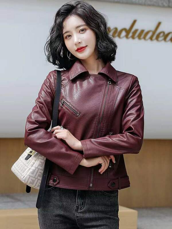 M-5XL 새로운 여성 권위 있는 가죽 재킷 봄 가을 2024 년 패션 정장 칼라 단색 날씬한 짧은 양가죽 겉옷 바이커 가죽 코트