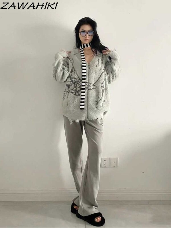 Zawahiki Cardigan Frauen Herbst Winter V-Ausschnitt lose lässige Reiß verschluss Design Print Chic Strick pullover lässig Vintage Mode Tops