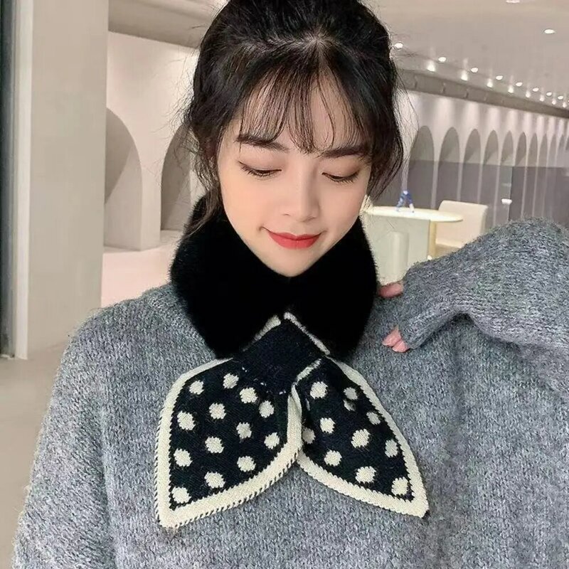 한국 패션 니트 웨이브 포인트 나비 매듭 턱받이, 따뜻한 양털 목 스카프, 두꺼운 목 커버, 크로스 넥 스카프, 겨울