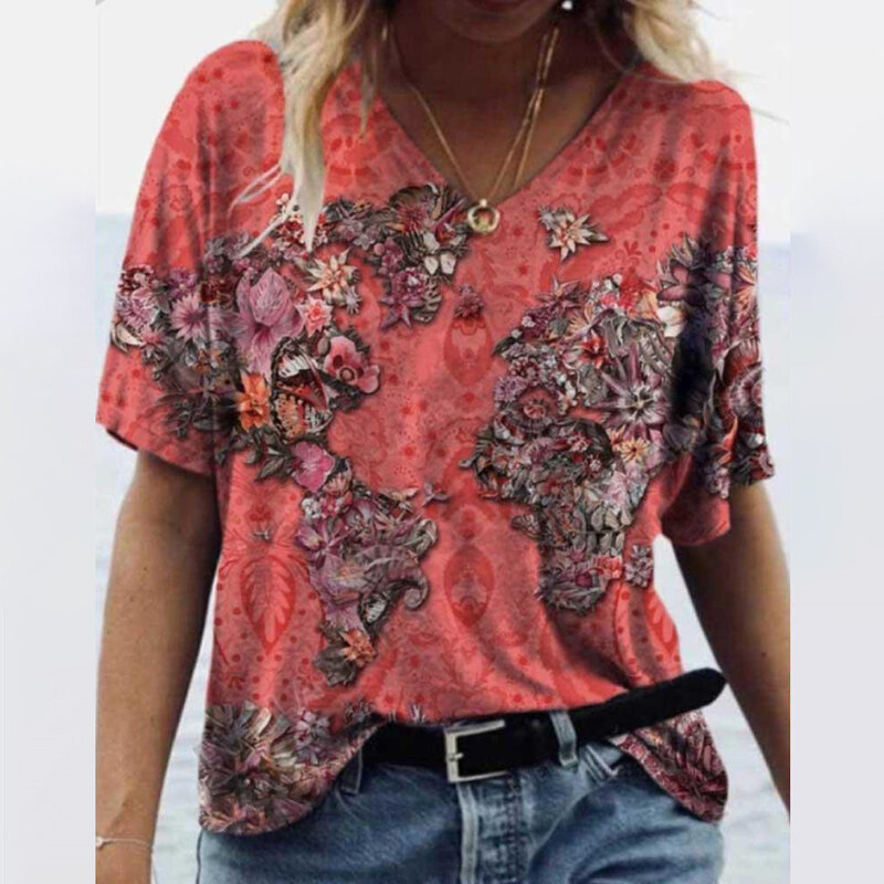 Camisetas de gradiente com decote em v feminina, roupas vintage femininas, camisetas com estampa floral, camisetas grandes e soltas, moda verão