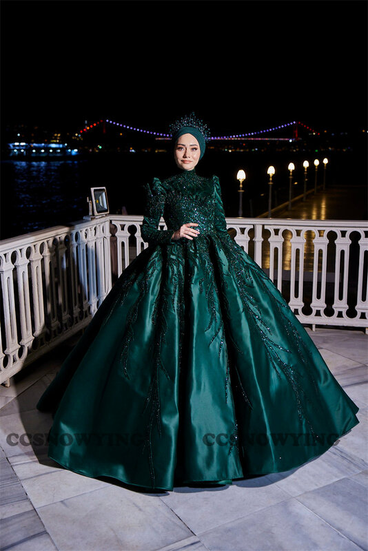 Cetim frisado vestido de noite manga longa vestido de baile de alta pescoço arábia islâmica dubai formal festa baile vestido hijab robe de soiree
