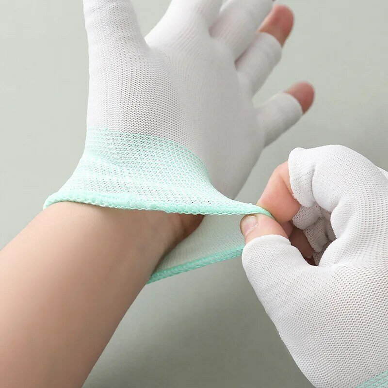 1คู่ถุงมือไนล่อนบางลื่นสัมผัสครึ่งนิ้วถุงมือ ESD ลื่นถุงมือจักรเย็บผ้าถุงมืออุปกรณ์ทำความสะอาดถุงมือ