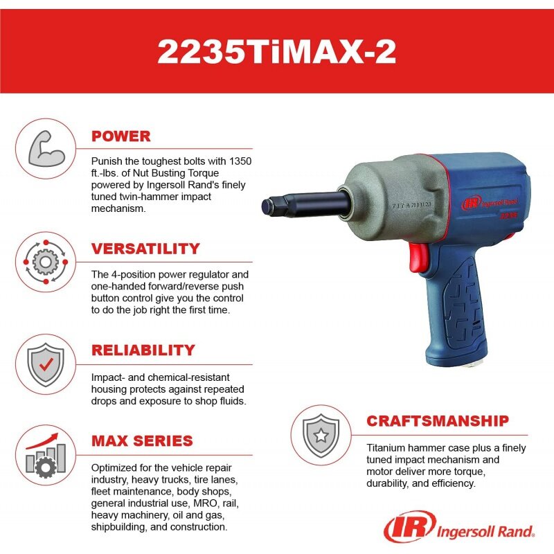 Ingersoll Rand 2235TiMAX-2 1/2-Inch Drive Extended Anvil Air Impact Wrench, 900 ft-lbs Max Reverse Torque, Gray