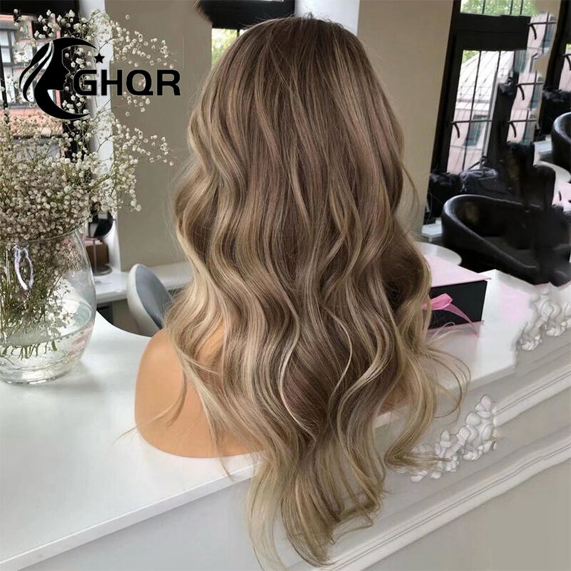 Highlight Human Hair Lace Frontal Wig Brown Ash Blonde full lace Human Hair Wigs Natural Wave HD Transparent lace Bleached Knows