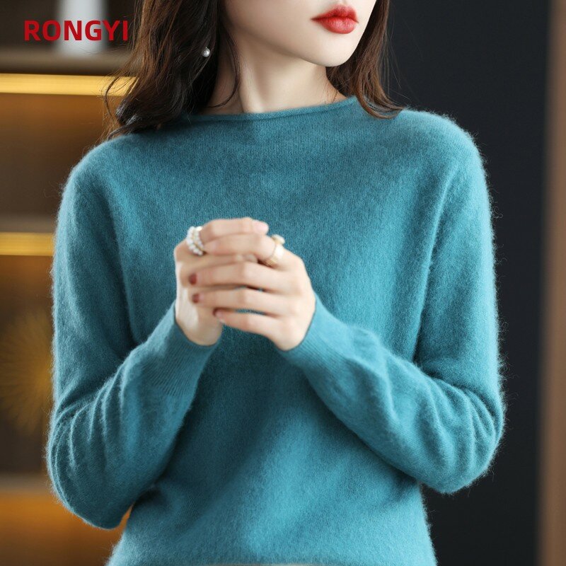 Осень-зима 100% норковый кашемировый свитер RONGYI Женский пуловер с круглым вырезом Корейская однотонная Базовая рубашка Большой размер Толстый Свободный Топ