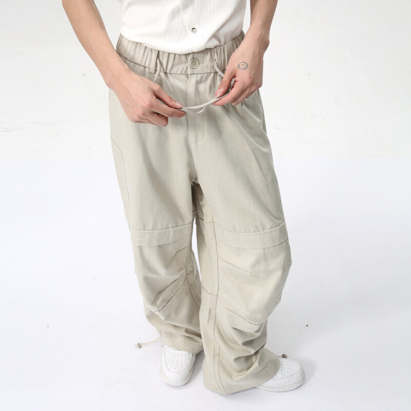 NOYMEI American Style Pleated 2024 Spring Solid Color Cargo Pants Fashion All-match Men Vintage Style Patchwork Trousers WA4487