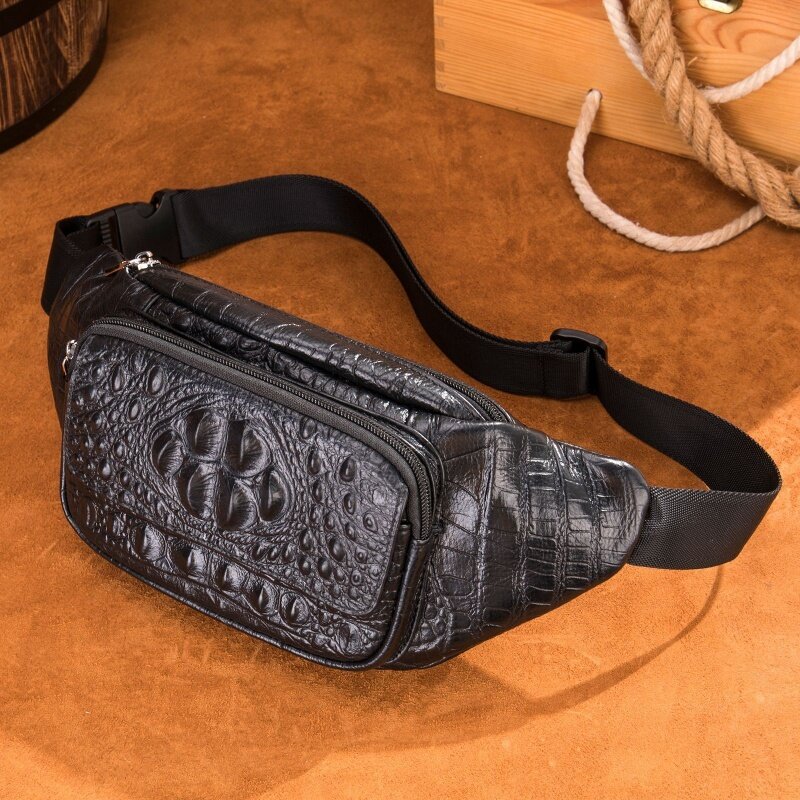 New Crocodile Pattern Genuine Leather Waist Bag Men's Casual Crossbody Bag Retro Male Chest Bag Multifunctional Waist Pack