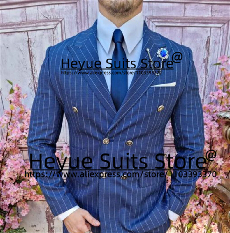 Business Navy Blue Stripe Men Suits Slim Fit Double-breasted Groom Tuxedos Tailor Made 2 Pieces Sets traje de hombre elegante