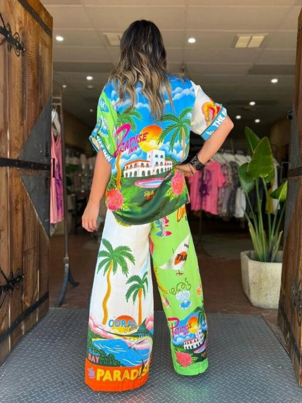 Wakacyjna zestaw spodni w stylu plażowym koszulka z krótkim rękawkiem bluzka Top luźne długie spodnie 2-częściowy zestaw letnich strojów kobiet w stylu Casual, z nadrukami