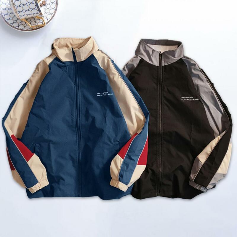 Men Jacket Vintage Color Block Men's Jacket with Zipper Closure Stand Collar for Spring Fall Windproof Streetwear Baseball Coat