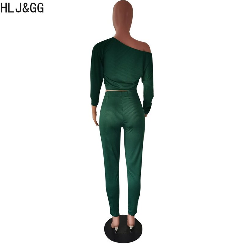 HLJ & GG pakaian kasual wanita, atasan Crop lengan panjang satu bahu, dua potong, celana ketat warna polos, pakaian kasual