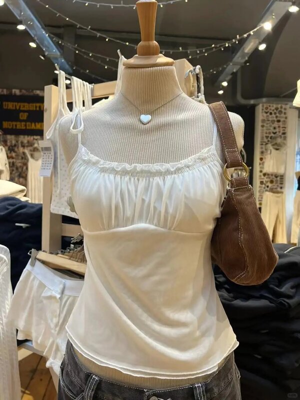 Koronka w stylu Vintage siatka podkoszulki kobiet letnie białe seksowne dopasowana koszulka bez rękawów letnie solidne słodkie krótki Top Y2k