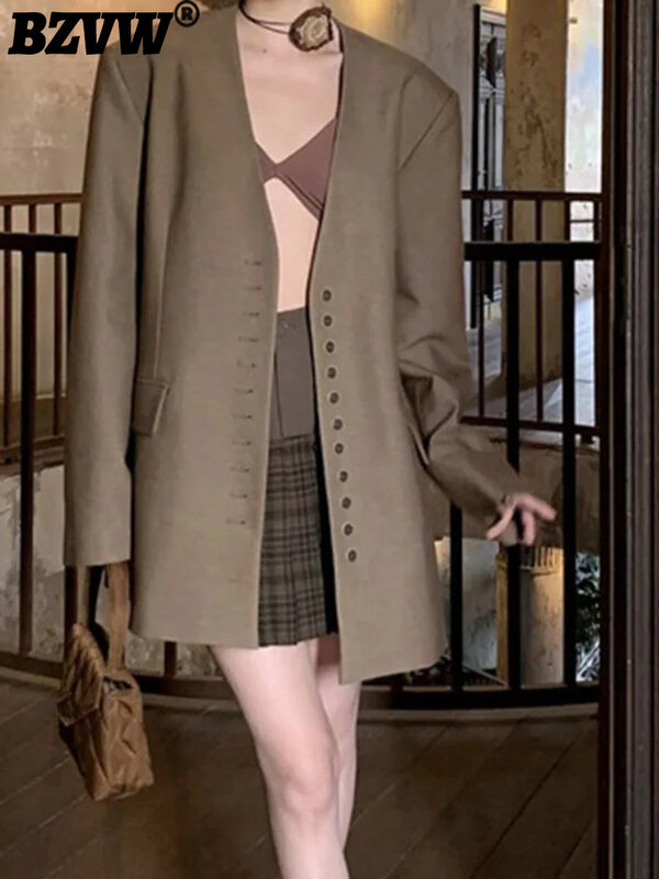 BZVW moda donna Blazer scollo a v maniche lunghe monopetto tinta unita cappotto di lana Casual 2024 autunno nuovo abbigliamento 7 ab3724