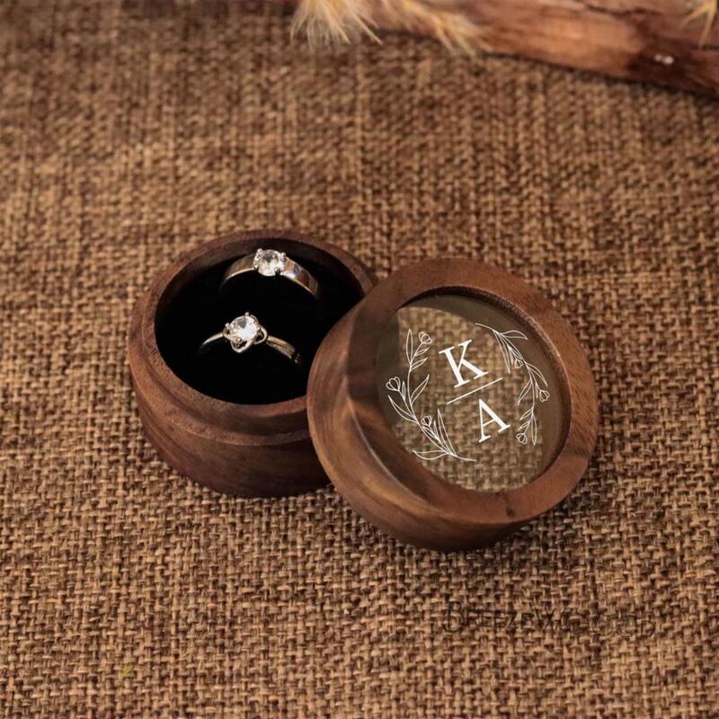 Kotak cincin pertunangan kayu kustom, pembawa cincin kayu, kotak cincin ukiran bantal, kotak cincin Slot ganda, kotak lamaran kayu