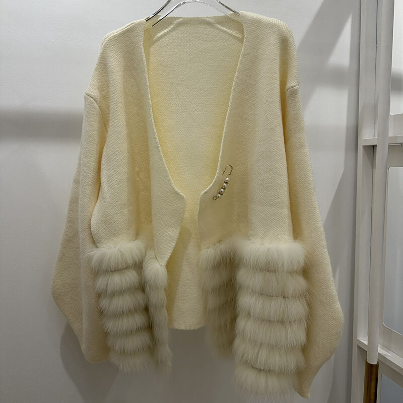 Women Plus Size Autumn Knitted Cardigan With Real Fox Fur Stripe Loose Casual Knitwear Winter Coat Long Sleeve Outwear