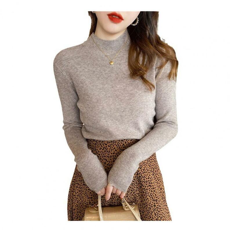 여성용 부드러운 뜨게 상의, 하프 하이 칼라 긴팔 보터밍 스웨터, 단색 슬림핏 니트웨어, 가을 겨울