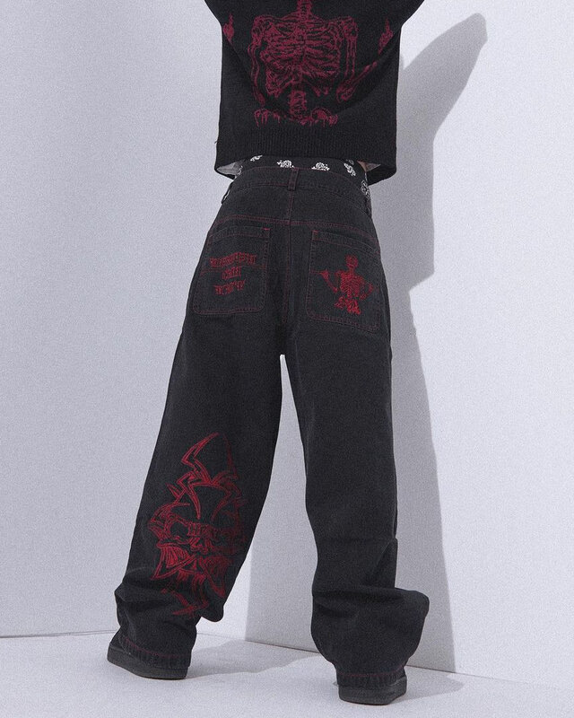 Hip Hop Retro z haftem z czaszką, luźne jeansy Y2K męskie spodnie nowe proste luźne szerokie z szeroką nogawką Streetwear
