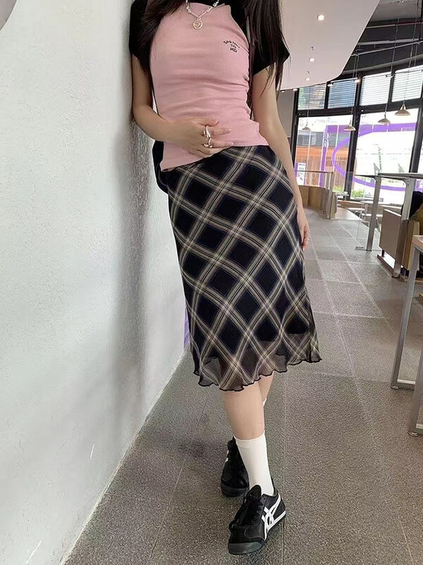 Chic Vintage Mesh Plaid Skirt for Women Y2k Korean Fashion High Waist Slim A- line Skirt Summer 2024 New Casual Midi Dress Girls